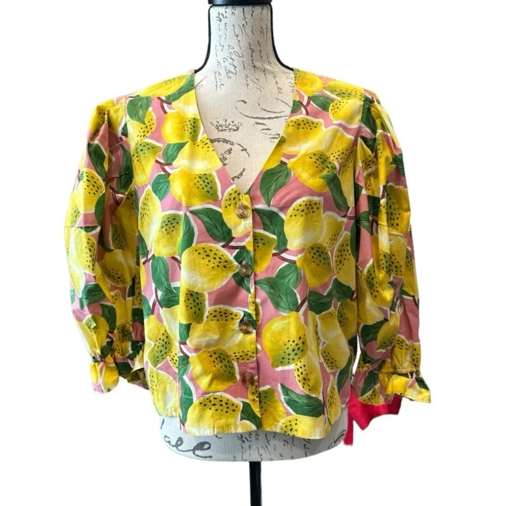 Farm Rio Fresh Lemons Puff Sleeve Shirt Sz Small - Picture 2 of 6